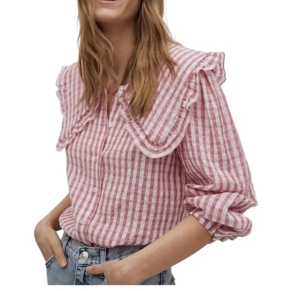 Mango Pink and White Gingham Check Blouse with Peter Pan Collar